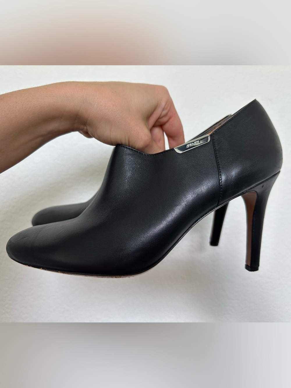 Coach Black Leather High-Heel Ankle Bootie